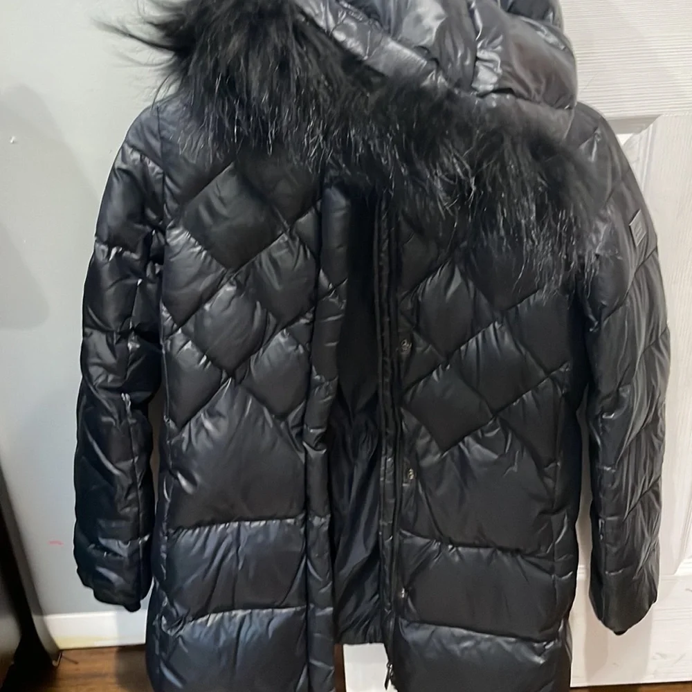 Add long duck down puffer jacket with raccoon hood size 14